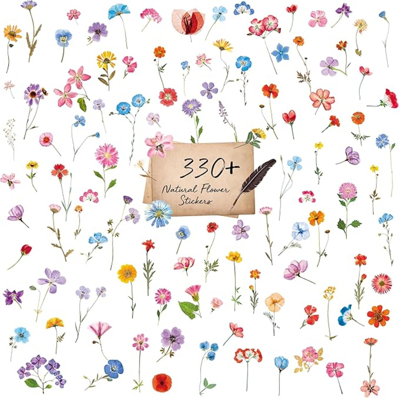 330+ Pcs Natural Flower Stickers - Waterproof PVC Floral Decals - Large Bulk Set for Scrapbooking, Journals, Laptops, and Spring DIY Party Decorations
